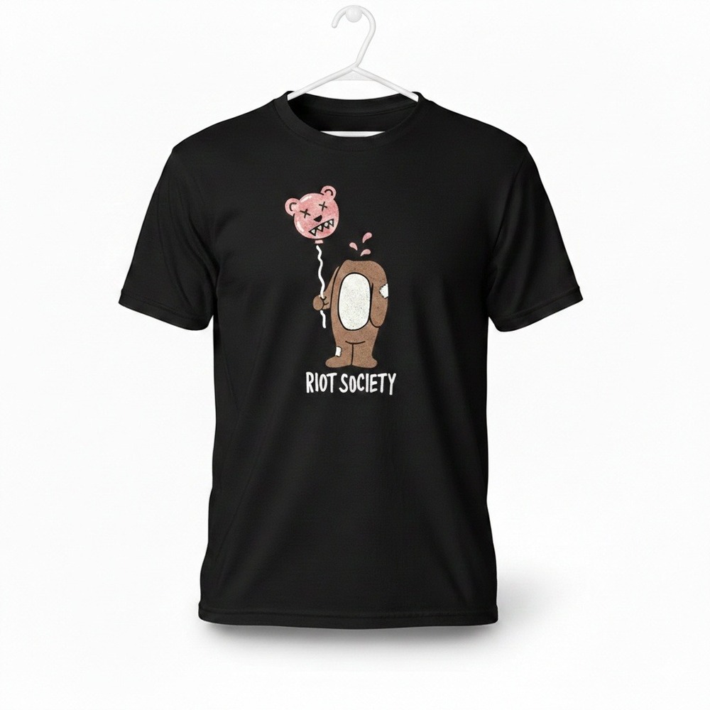 Riot Society Teddy Bear Balloon Graphic Tee Black Medium Streetwear Grunge Y2K